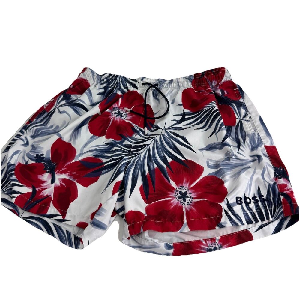 Hugo Boss Swim Trunks Mens Size L Floral Mesh Lined Designer Spell Out Hibiscus